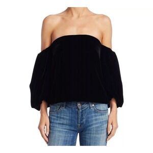 Elizabeth & James Simmy Velvet Off The Shoulder Blouse Women 4 Black Puff Sleeve